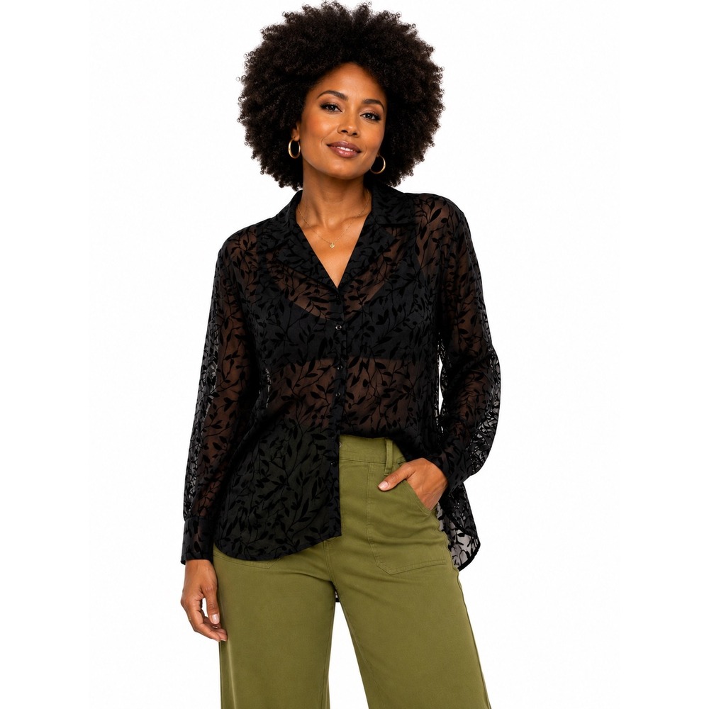 Anna and Frank Black 100% Silk Burnout Velvet Leaf Sheer Button Down Shirt SZ Lg